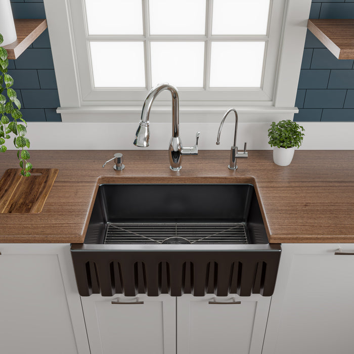 ALFI brand AB3018HS-W 30 inch White Reversible Smooth / Fluted Single Bowl Fireclay Farm Sink Black Gloss