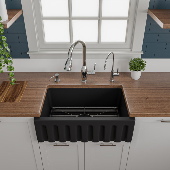 ALFI brand AB3018HS-W 30 inch White Reversible Smooth / Fluted Single Bowl Fireclay Farm Sink Black Matte