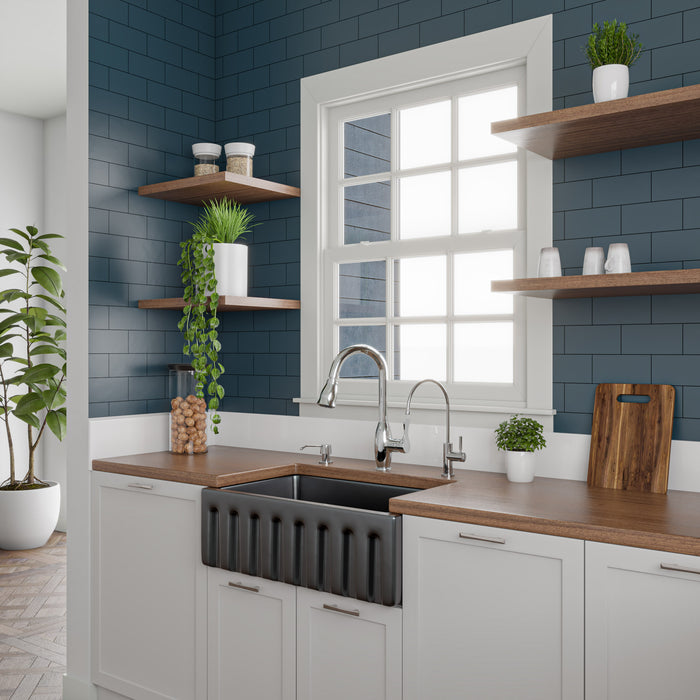 ALFI brand AB3018HS-W 30 inch White Reversible Smooth / Fluted Single Bowl Fireclay Farm Sink Black Gloss