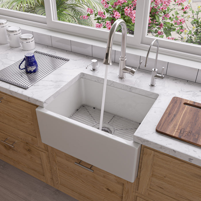 ALFI brand AB2418SB-W 24" White Smooth Thick Wall Fireclay Single Bowl Farm Sink White