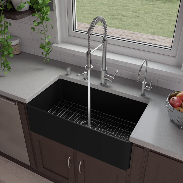 ALFI brand ABF3318S 33" Thin Wall Single Bowl Smooth Apron Fireclay Kitchen Farm Sink Black Matte
