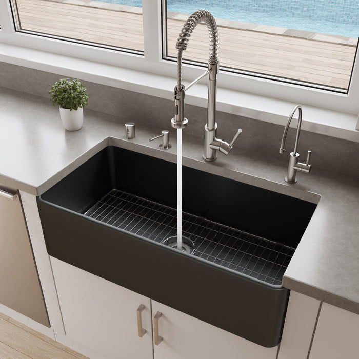 ALFI brand ABF3618 36" White Thin Wall Single Bowl Smooth Apron Fireclay Kitchen Farm Sink Black Matte