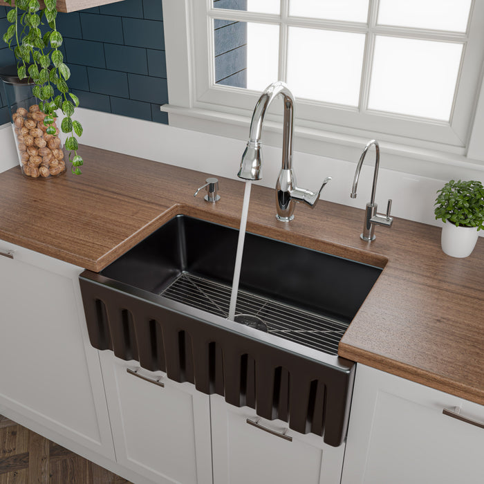 ALFI brand AB3018HS-W 30 inch White Reversible Smooth / Fluted Single Bowl Fireclay Farm Sink Black Gloss