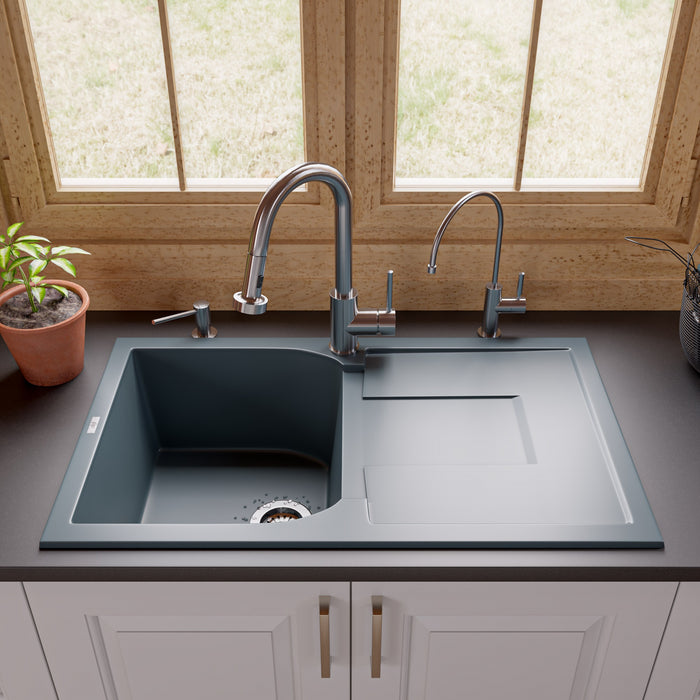 ALFI brand AB1620DI-W White 34" Single Bowl Granite Composite Kitchen Sink with Drainboard Titanium