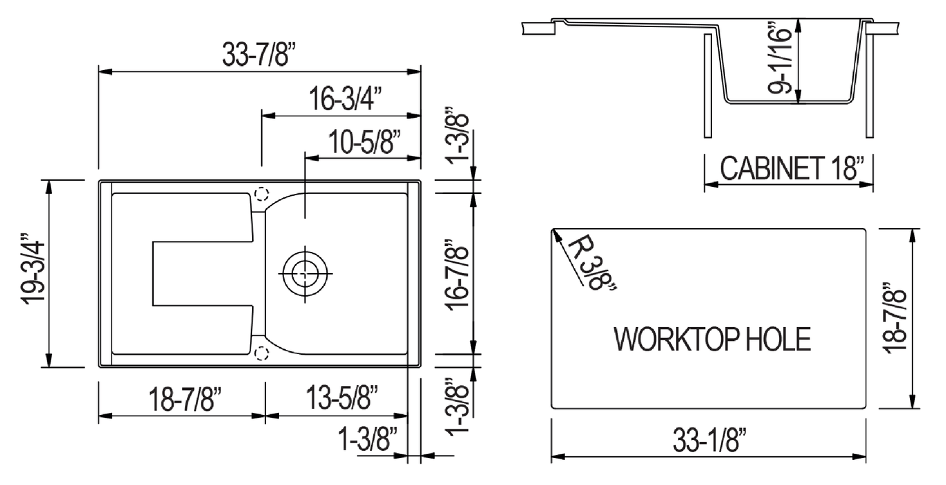 ALFI brand AB1620DI-W White 34" Single Bowl Granite Composite Kitchen Sink with Drainboard Biscuit