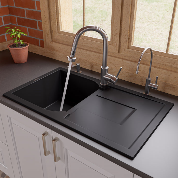 ALFI brand AB1620DI-W White 34" Single Bowl Granite Composite Kitchen Sink with Drainboard Black