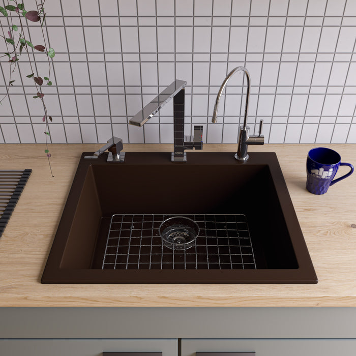 ALFI brand AB2420DI-W White 24" Drop-In Single Bowl Granite Composite Kitchen Sink Chocolate