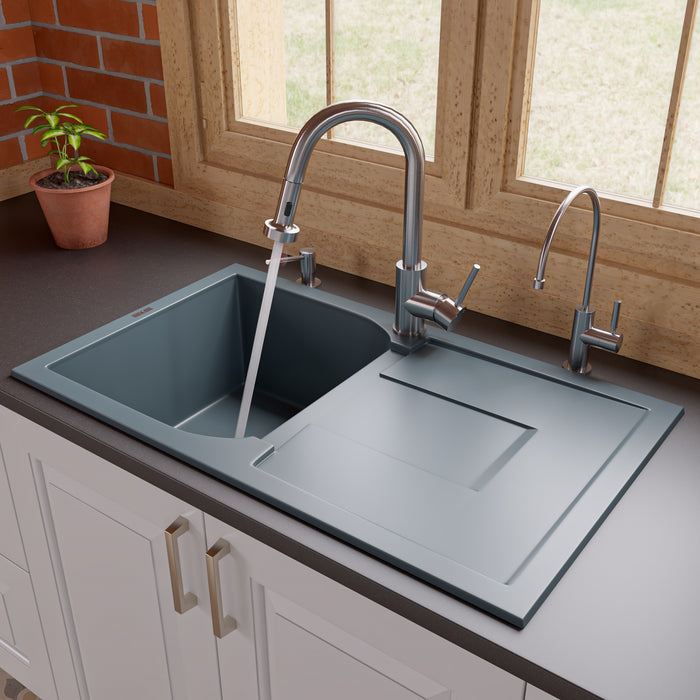 ALFI brand AB1620DI-W White 34" Single Bowl Granite Composite Kitchen Sink with Drainboard Titanium