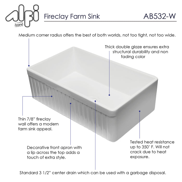 ALFI brand AB532-W 33" White Single Bowl Fluted Apron Fireclay Farm Sink White