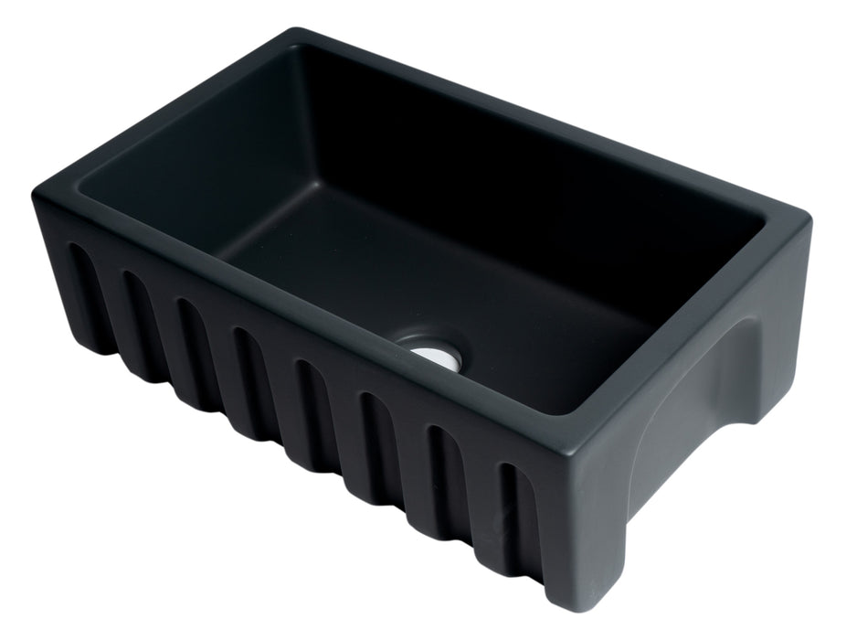 ALFI brand AB3018HS-W 30 inch White Reversible Smooth / Fluted Single Bowl Fireclay Farm Sink Black Matte