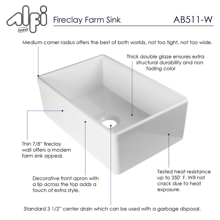 ALFI brand AB511-W White 30" Decorative Lip Apron Single Bowl Fireclay Farmhouse Kitchen Sink White