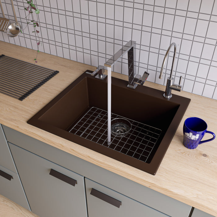 ALFI brand AB2420DI-W White 24" Drop-In Single Bowl Granite Composite Kitchen Sink Chocolate