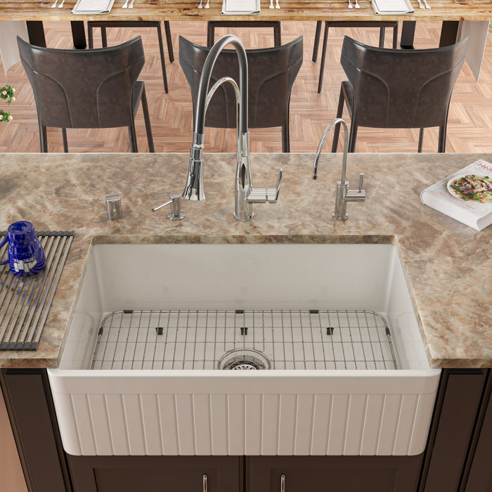 ALFI brand AB532-W 33" White Single Bowl Fluted Apron Fireclay Farm Sink White