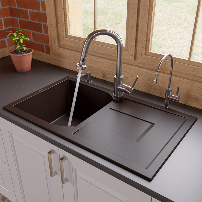 ALFI brand AB1620DI-W White 34" Single Bowl Granite Composite Kitchen Sink with Drainboard Chocolate