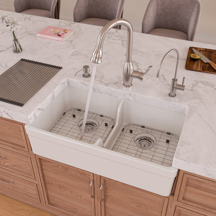 ALFI brand AB5123-W White 32" Short Wall Double Bowl Lip Apron Fireclay Farmhouse Kitchen Sink White