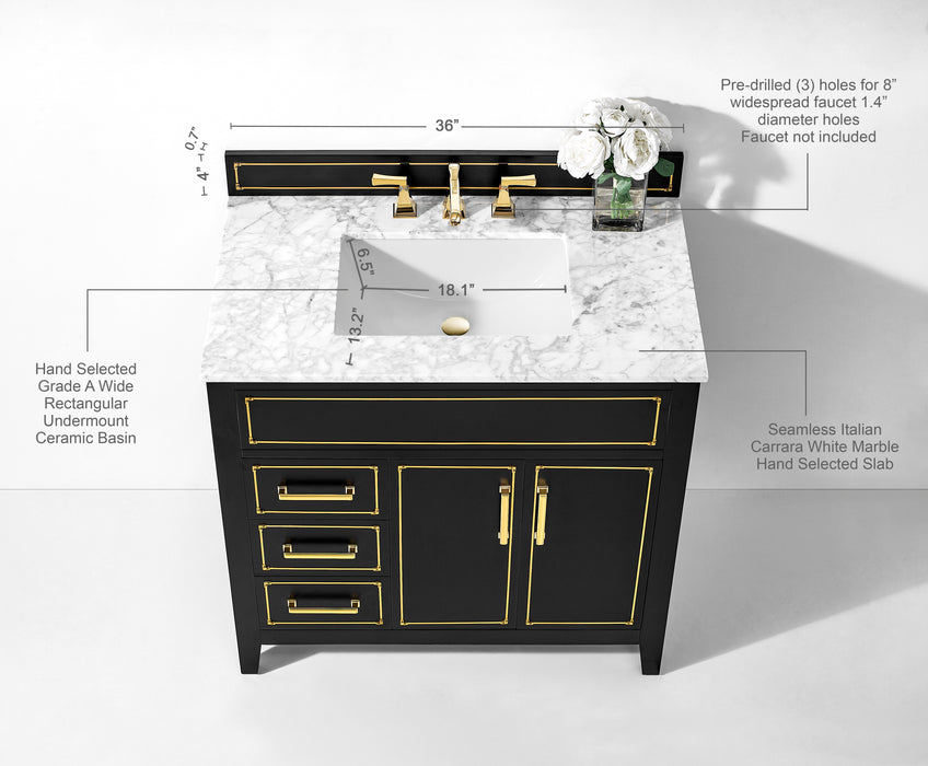 Aspen luxury bathroom vanity with Italian Carrara marble countertop and soft-close drawers