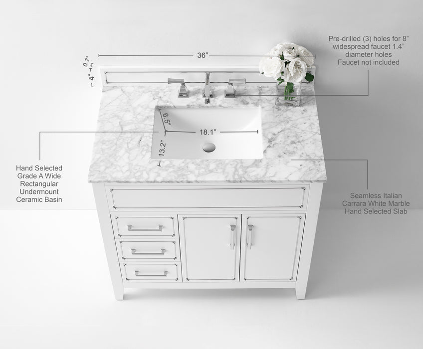 Aspen luxury bathroom vanity with Italian Carrara marble countertop and soft-close drawers ANCERRE DESIGN