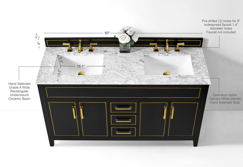 Aspen luxury bathroom vanity with Italian Carrara marble countertop and soft-close drawers ANCERRE DESIGN