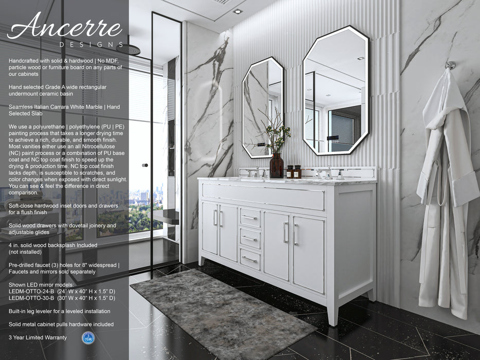Aspen luxury bathroom vanity with Italian Carrara marble countertop and soft-close drawers ANCERRE DESIGN