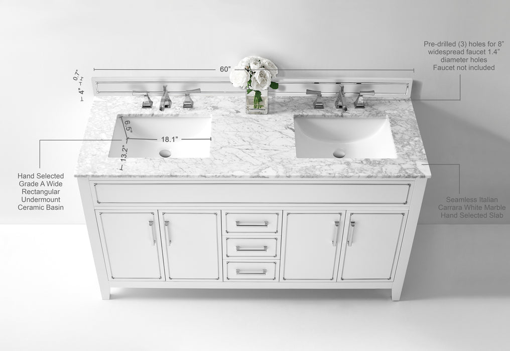 Aspen luxury bathroom vanity with Italian Carrara marble countertop and soft-close drawers ANCERRE DESIGN