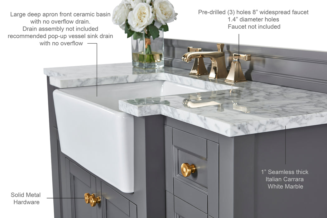 Adeline 48 inch Bathroom Vanity with Farmhouse Sink and Carrara White Marble Top Cabinet Set