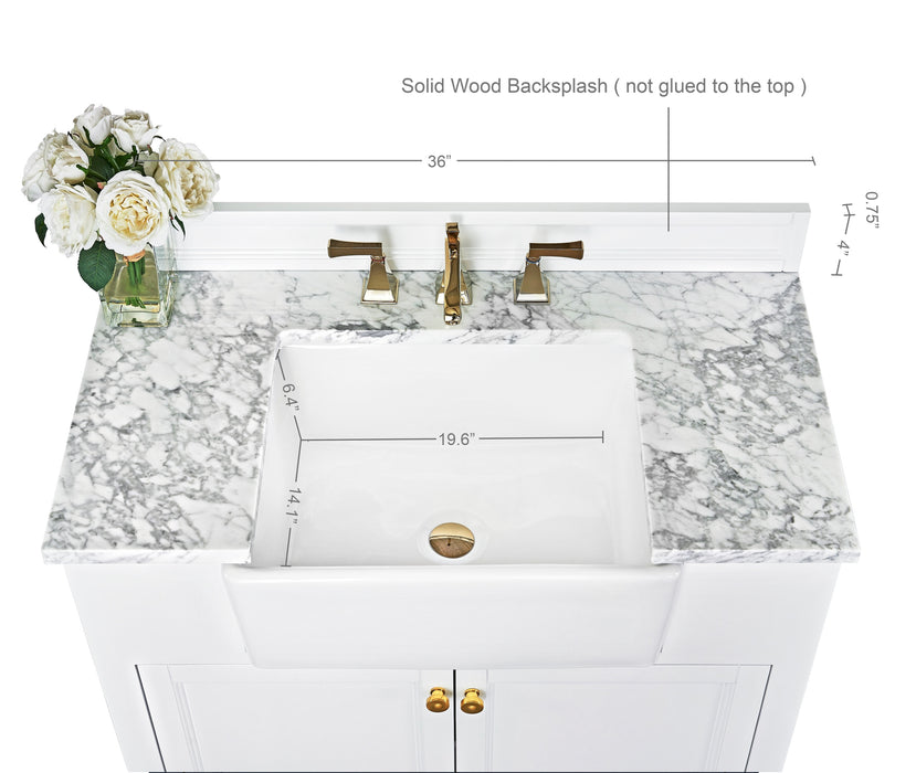 Adeline 36 inch Bathroom  Vanity with Farmhouse Sink and Carrara White Marble Top Cabinet