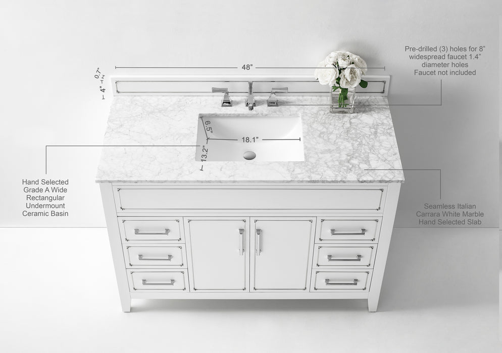 Aspen 48 inch Bathroom Vanity with Sink and Carrara White Marble Top Cabinet Set