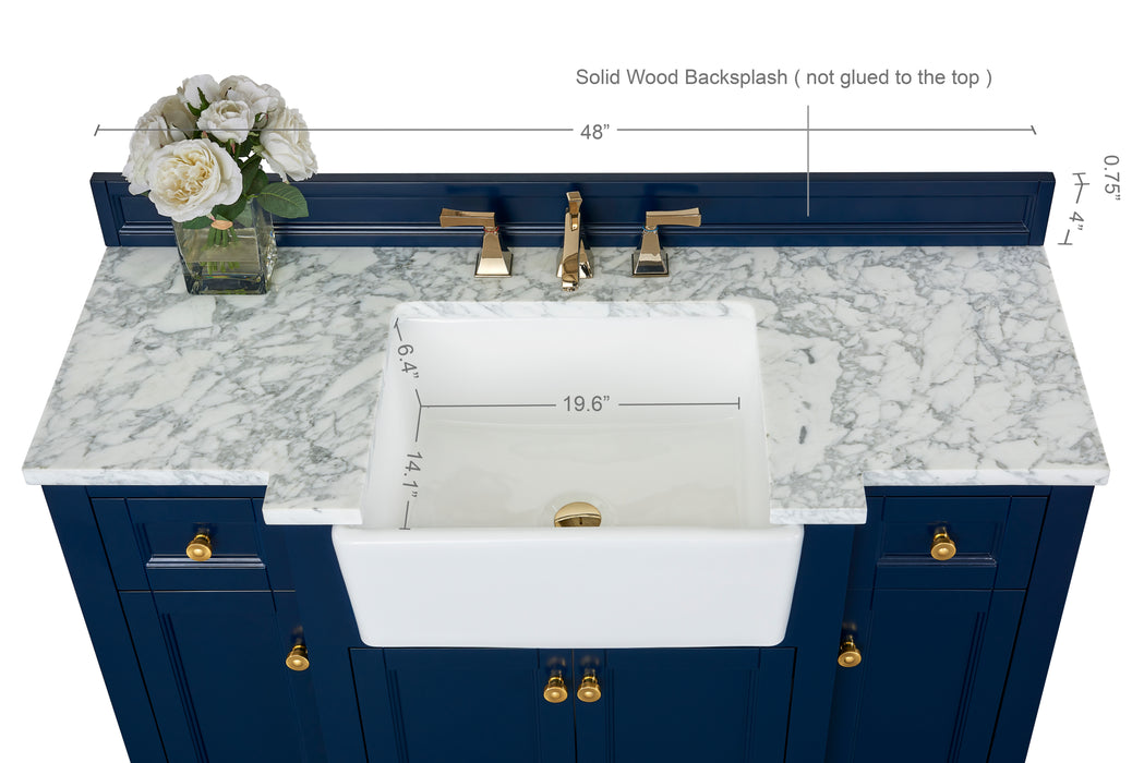 Adeline 48 inch Bathroom Vanity with Farmhouse Sink and Carrara White Marble Top Cabinet Set