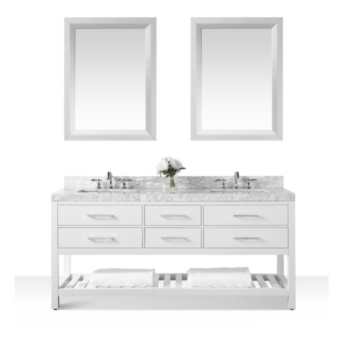 Elizabeth 72 inch Bathroom Vanity with Sink and Carrara White Marble Top Cabinet and 2 - 24 inch Mirrors