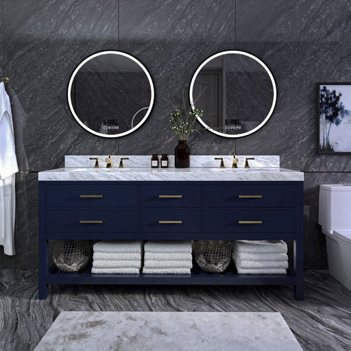 Elizabeth 72 inch Bathroom Vanity with Sink and Carrara White Marble Top Cabinet Heritage Blue - Brushed Gold