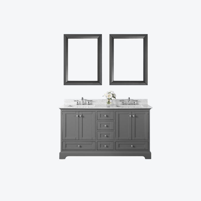 Audrey 60 inch Bathroom Vanity with Sink and Carrara White Marble Top Cabinet Set and two 24 inch Mirrors