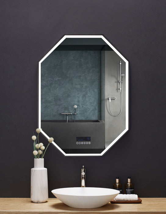 Otto LED Octagon Black Framed Lighted Bathroom Vanity mirror with Bluetooth and Digital Display