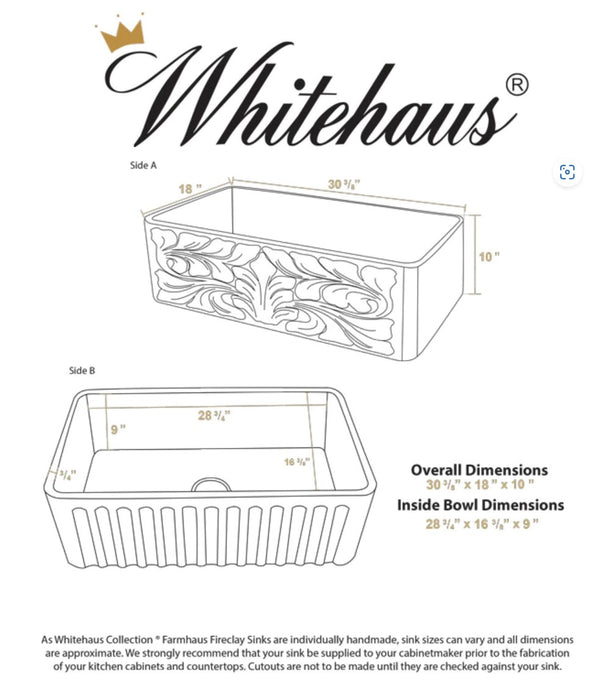 Whitehaus Reversible Series 30 inch Fireclay Kitchen Sink with Gothichaus Design