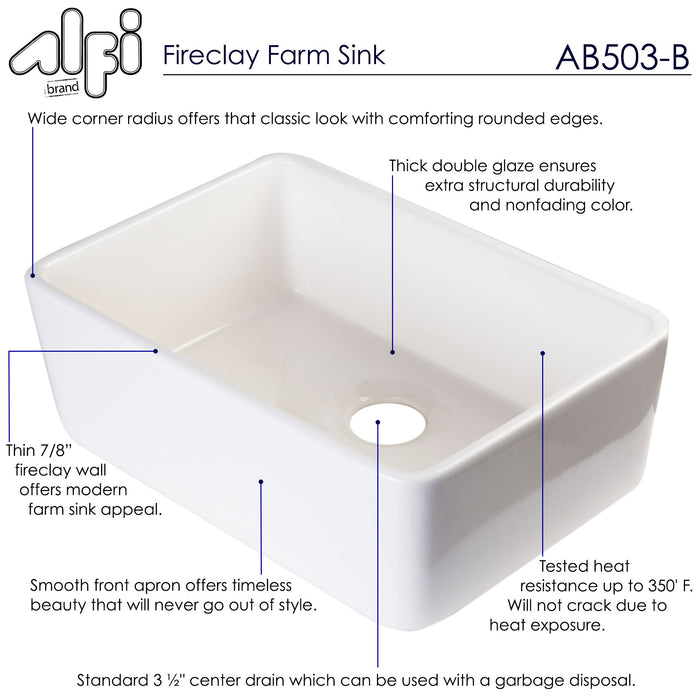 ALFI brand AB503-W White 23" Smooth Apron Fireclay Single Bowl Farmhouse Kitchen Sink