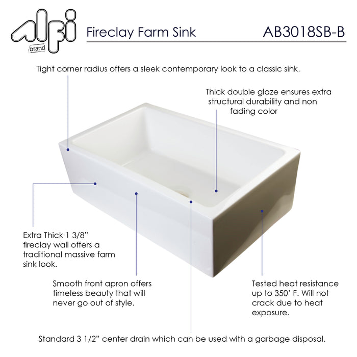 ALFI brand AB3018SB-W  30" White Smooth Apron Solid Thick Wall Fireclay Single Bowl Farm Sink