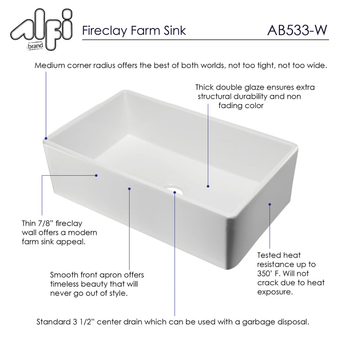 ALFI brand AB533-W 33" White Smooth Apron Single Bowl Fireclay Farm Sink