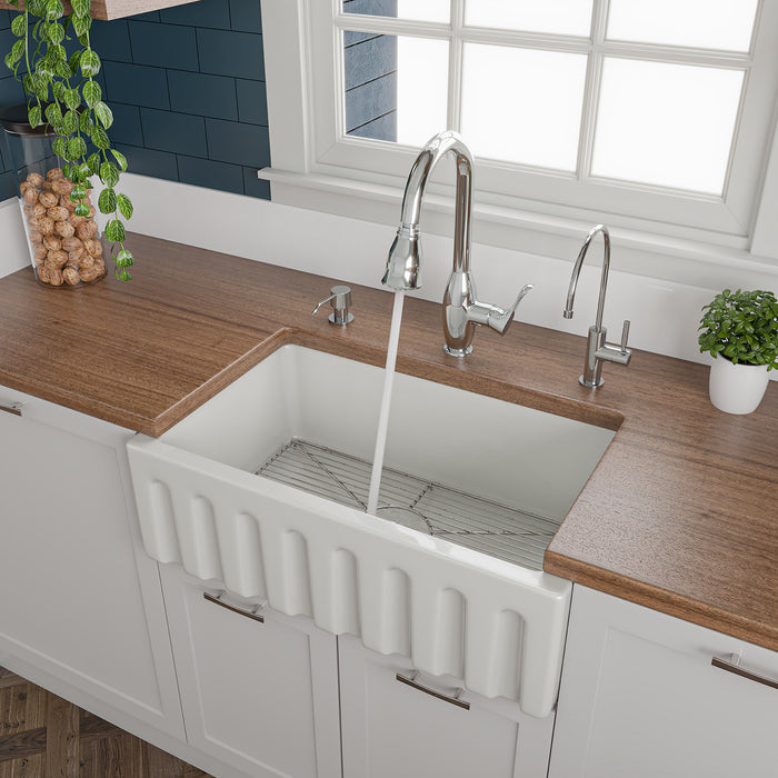 ALFI brand AB3018HS-W 30 inch White Reversible Smooth / Fluted Single Bowl Fireclay Farm Sink
